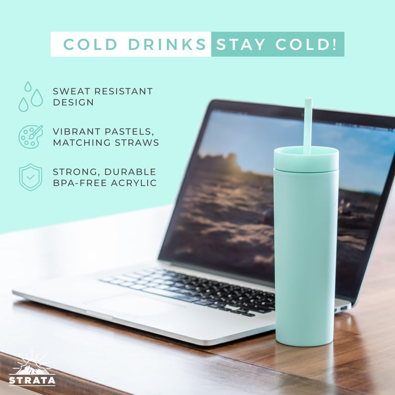 STRATA CUPS Multicolor Skinny Tumblers with Lids and Straws (12 pack) - 16oz Double Wall Acrylic Tumbler, Tall Matte Skinny Tumblers, Bulk with Free Straw Cleaner, Reusable Cups - Image 2